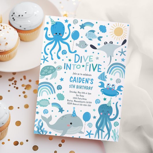 5つの海の生き物5th誕生日パーティーに飛び込む 招待状