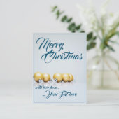 5つの金のクリスマスボール - 青い文字 シーズンポストカード (スタンド正面)
