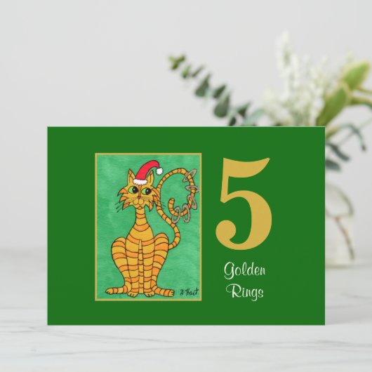 5つの金リングかわいい猫のカスタムのクリスマス シーズンカード (スタンド正面)