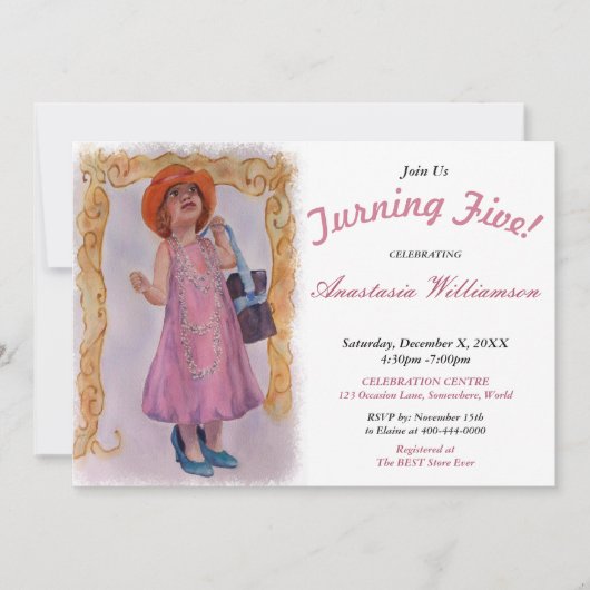 5つを回している小さな女の子すべての服を着せられたパーティの招待状 招待状 (正面)