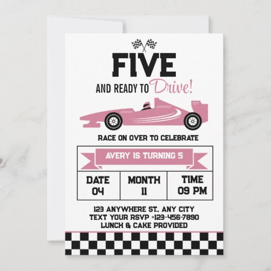 5と女の子を運転する準備ができて5歳の誕生日パーティー 招待状 (正面)