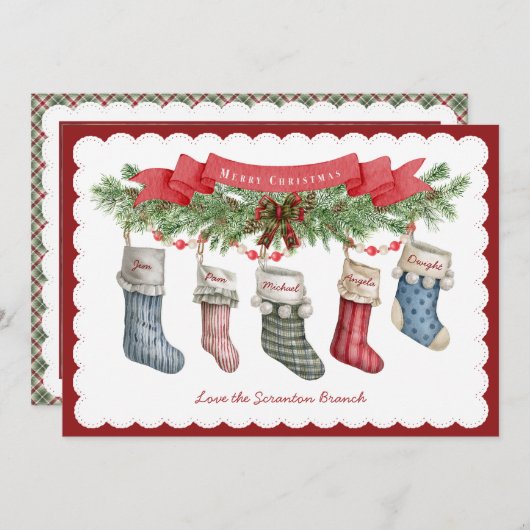 5のファミリ |クリスマスストッキングフラットホリデーカード シーズンカード (正面/裏面)