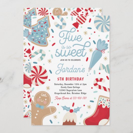 5は非常に甘いクリスマスクッキー誕生日パーティーである 招待状 (正面/裏面)