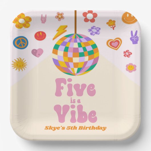 5はVibeレトロディスコボール5th誕生日パーティー ペーパープレート (正面)