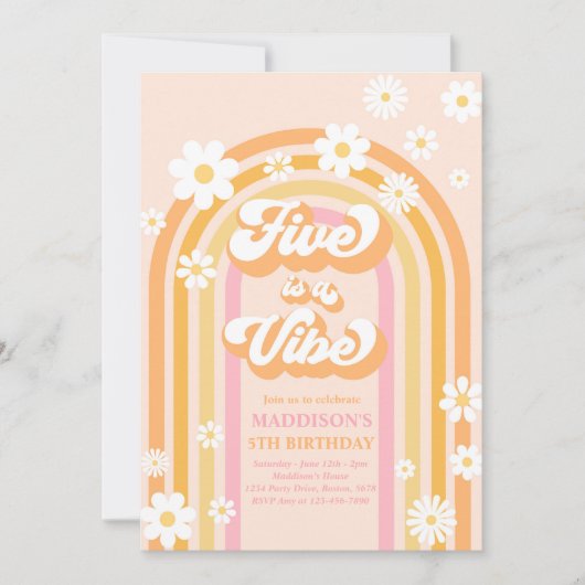 5はVibe Groovyデイジーレインボー5誕生日 招待状 (正面)