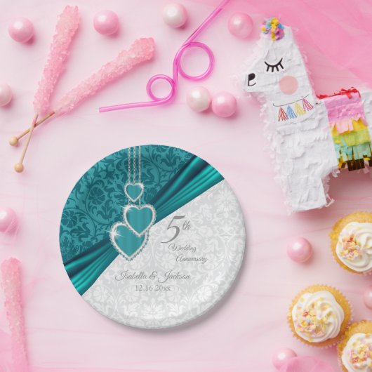 5エレガントターコイズ結婚記念日デザイン ペーパープレート (パーティー)