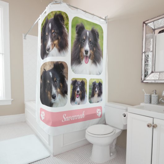 5カスタム枚の写真テンプレートをピンク色でコラージュ シャワーカーテン (インサイチュ)