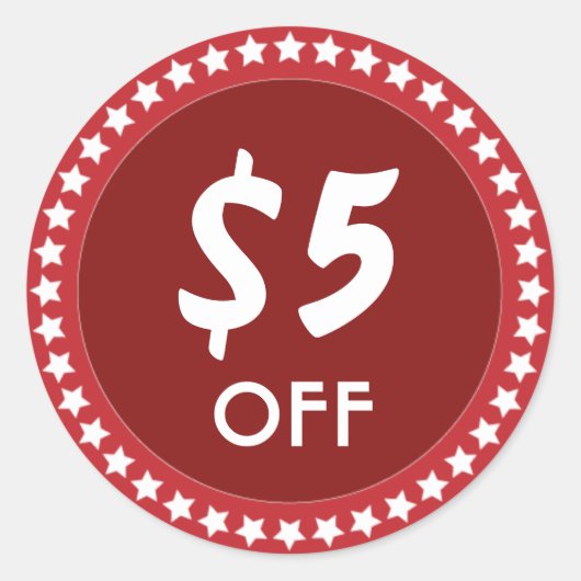 5ドルオフ販売割引レッドステッカー ラウンドシール (正面)