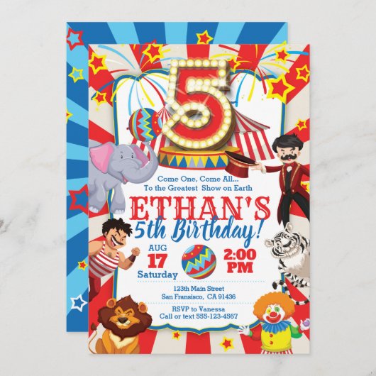 5パーティの招待状のサーカス誕生日 招待状 (正面/裏面)
