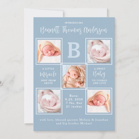 5フォトエレガントコラージュ生まれたばかりの男の赤ちゃん誕生 案内状 (正面)