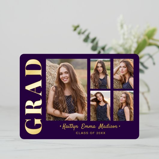 5フォトグラードコラージパープル&ゴールドフォイルカード 箔招待状 (立ち正面)