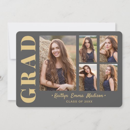 5フォトグラードコラージュモダンスクリプトグレーと金ゴールド 案内状 (正面)