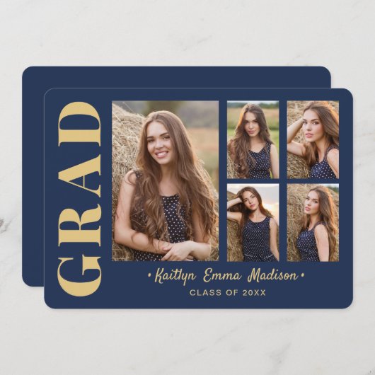 5フォトグラードコラージュモダンスクリプトNavy Blue金ゴールド 案内状 (正面/裏面)