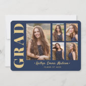 5フォトグラードコラージュモダンスクリプトNavy Blue金ゴールド 案内状 (正面)