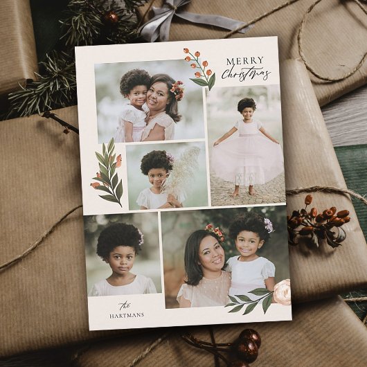 5フォトコラージテラコッタボホクリスマス シーズンカード