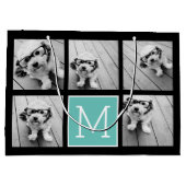 5フォトコラージモノグラムブラックとティール(緑がかった色) ラージペーパーバッグ (裏面)