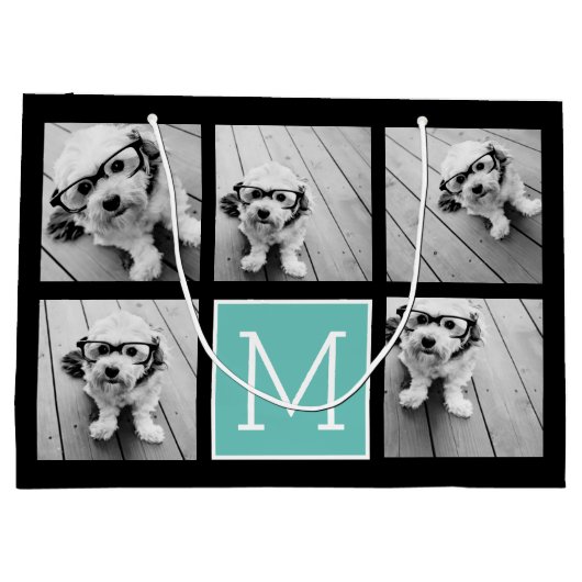 5フォトコラージモノグラムブラックとティール（緑がかった色） ラージペーパーバッグ (裏面)