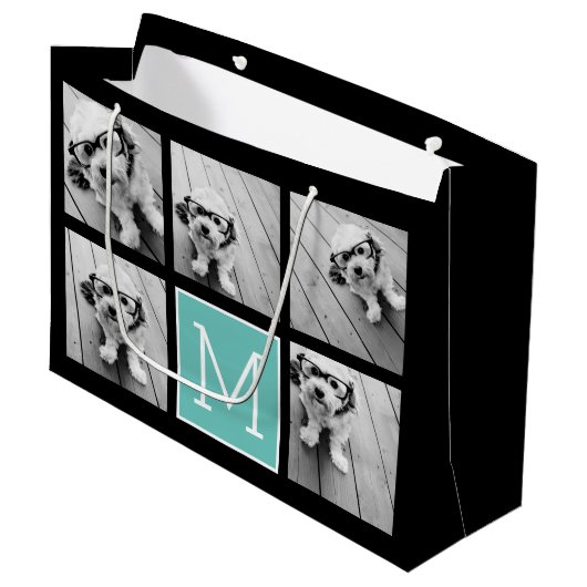 5フォトコラージモノグラムブラックとティール（緑がかった色） ラージペーパーバッグ (正面アングル)