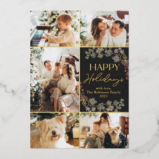 5フォトコラージュエレガントファミリーホリデーカード 箔招待状 (正面)