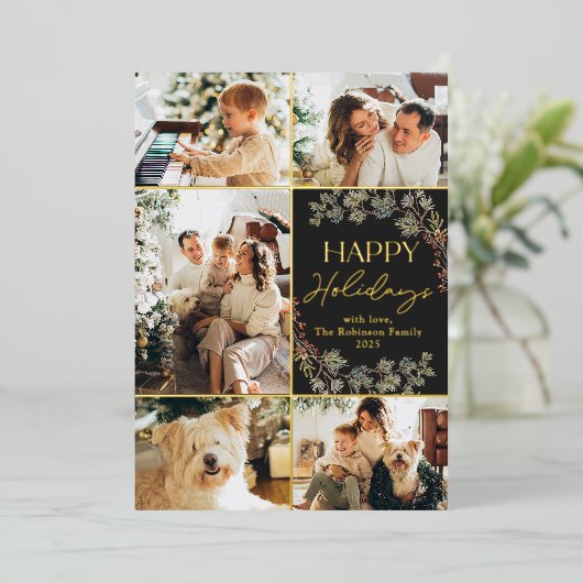 5フォトコラージュエレガントファミリーホリデーカード 箔招待状 (立ち正面)