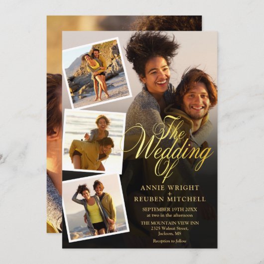 5フォトコラージュエレガント金ゴールドス結婚クリプト 招待状 (正面/裏面)