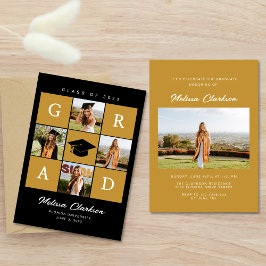 5フォトコラージュモダンブラック&マスタード卒業 招待状