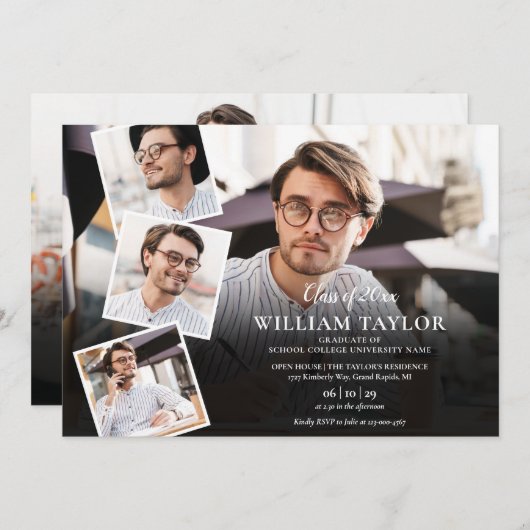5フォトコラージュモダン卒業パーティー 招待状 (正面/裏面)