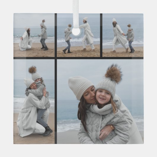 5フォトコラージュ私たちの初めてのクリスマス結婚のカップル ガラスオーナメント (正面)