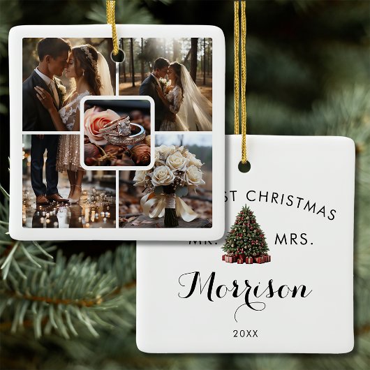 5フォトコラージュ結婚の初めてのクリスマス セラミックオーナメント