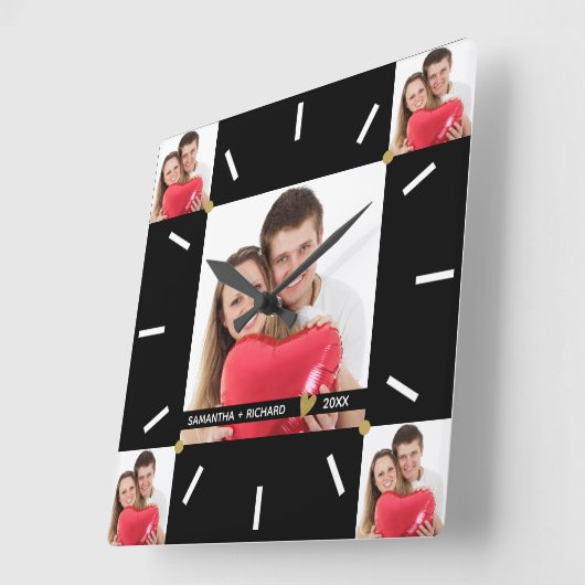 5フォトコラージュ結婚の記念日白黒 スクエア壁時計 (傾斜)