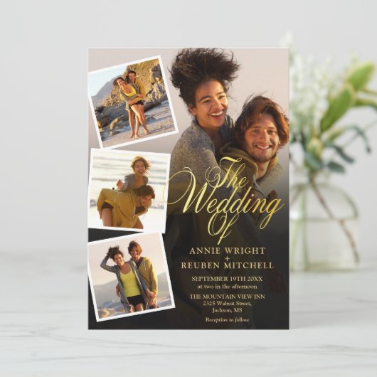 5フォトコラージュ金ゴールドスクリプトQRコード結婚s 招待状 (スタンド正面)