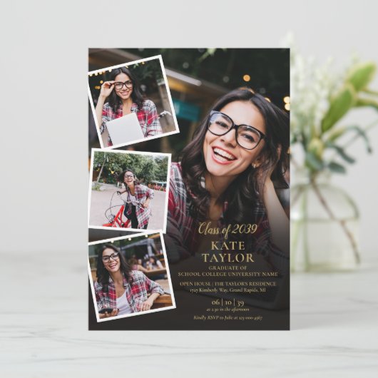5フォトコラージュ金ゴールド卒業パーティー 招待状 (スタンド正面)