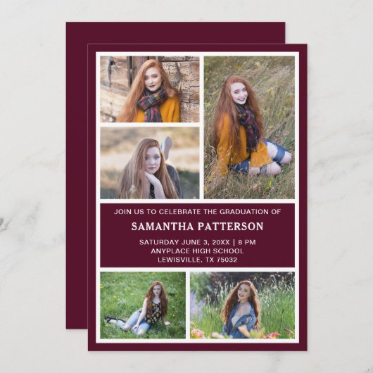 5フォトコラージュBurgundy赤と白の卒業 招待状 (正面/裏面)
