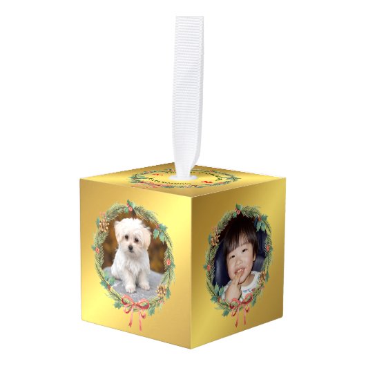 5フォトゴールドフォイルカスタムクリスマスリースキューブ キューブオーナメント (正面アングル)