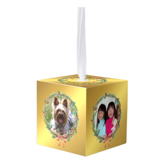 5フォトゴールドフォイルカスタムクリスマスリースキューブ キューブオーナメント (裏面アングル)