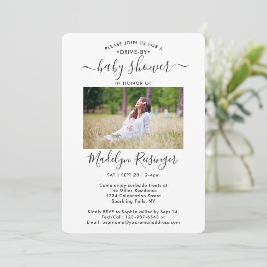 5フォトドライブバイのソーシャルディスティングベビーシャワー 招待状 (スタンド正面)