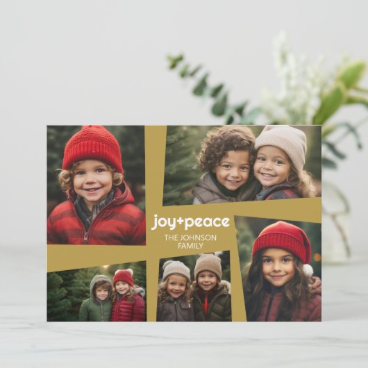 5フォトホリデーコラージュレトロ喜びと平和 – 金ゴールド シーズンカード (スタンド正面)