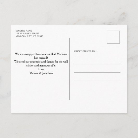 5フォトモダンコラージュ生まれたばかりのベビーピンク誕生 案内ポストカード (裏面)