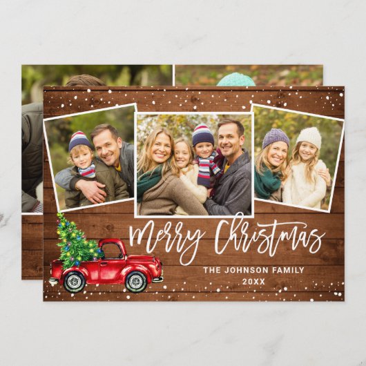 5フォトレトロクリスマスレッドトラックのグリーティ素朴ング シーズンカード (正面/裏面)