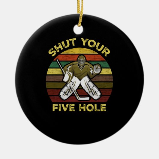 5ホールのアイスホッケーゴアリーゴールテンダーを閉じる セラミックオーナメント (正面)