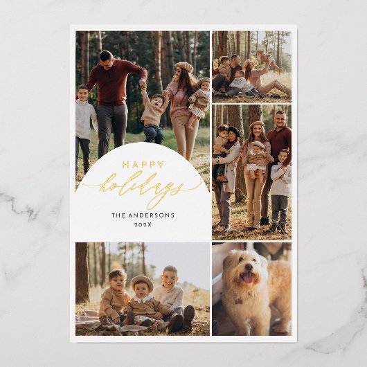 5モダンフォトコラージュArchハッピーホリデー写真 箔シーズンカード (正面)