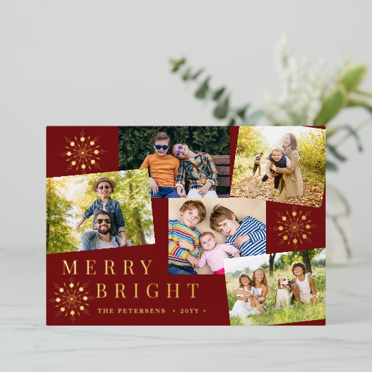 5モダン枚の写真コラージュ金ゴールド雪の結晶クリスマス 箔シーズンカード (立ち正面)