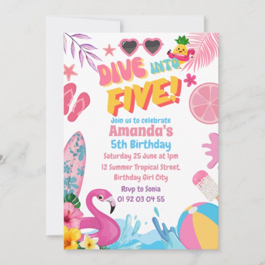 5レトロ5thプール誕生日パーティーにダイビング 招待状 (正面)