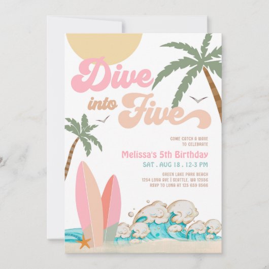 5人の女の子サーフィン5th誕生日パーティーに飛び込む 招待状 (正面)