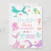 5人の女の子5歳の誕生日の人魚の招待状にダイビング。 招待状 (正面)