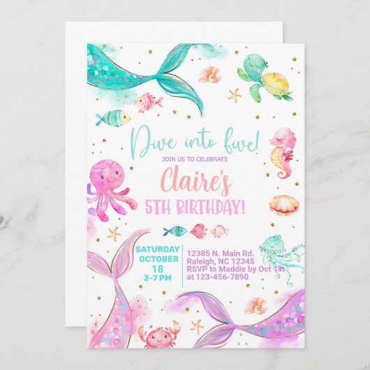 5人の女の子5歳の誕生日の人魚の招待状にダイビング。 招待状 (正面/裏面)