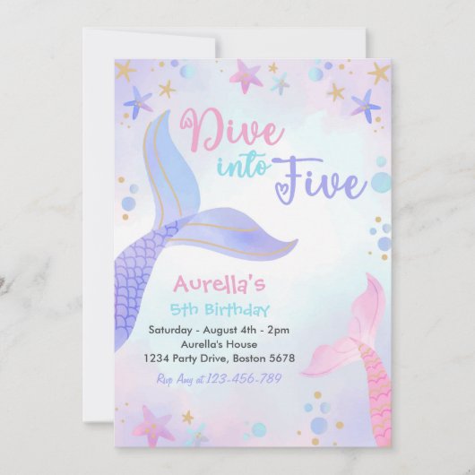 5人の女の子5th誕生日パーティーに飛び込む 招待状 (正面)