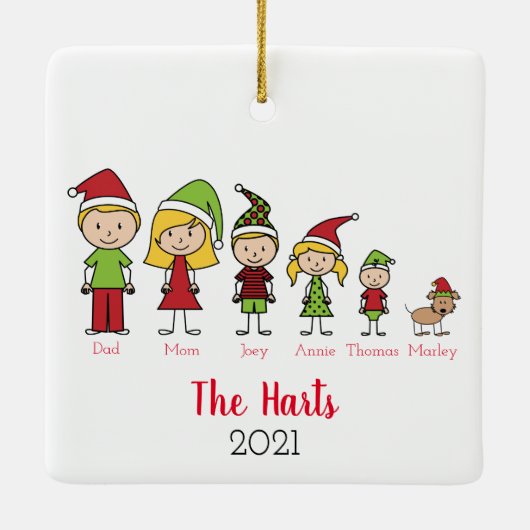 5人家族とペットのクリスマスパーソナライズされた セラミックオーナメント (裏面)