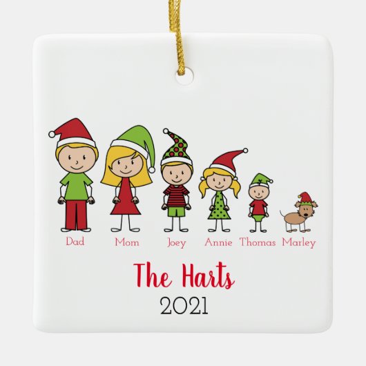 5人家族とペットのクリスマスパーソナライズされた セラミックオーナメント (正面)