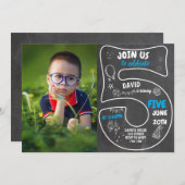 5人目の男の子誕生日の黒板(写真の青い数字) 招待状 (正面/裏面)